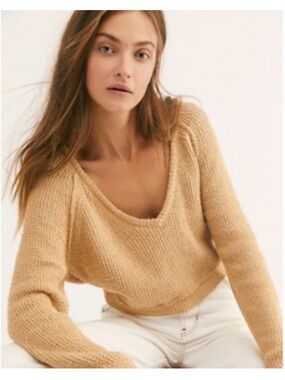 Free People Camel Textured Knit High Low V Neck Pullover Sweater Size Medium